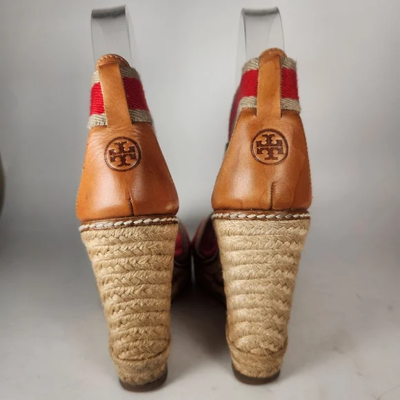 TORY BURCH Women's Adonis Espadrille Sandal Size 5 Red Wedge Leather Made Spain - Picture 6 of 12